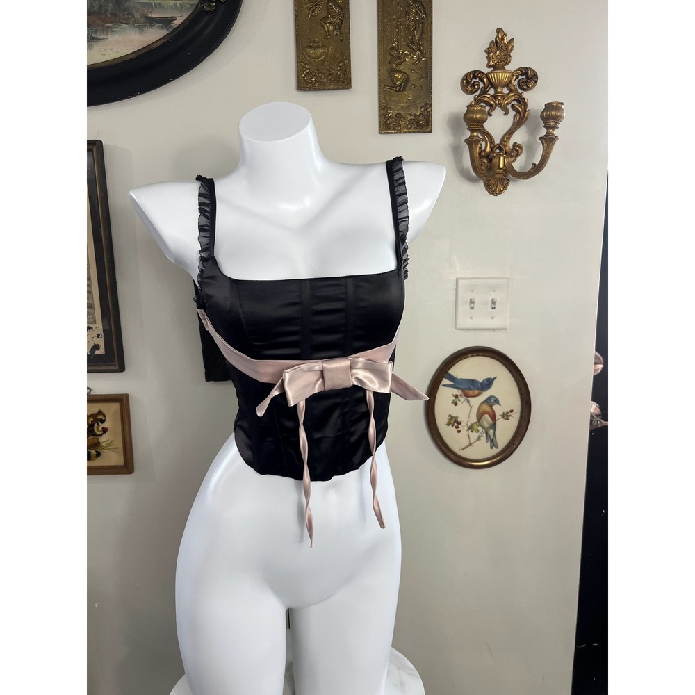 Zemeta Black Satin Corset Crop Top Pink Bow Coquette Ruffle Strap Small